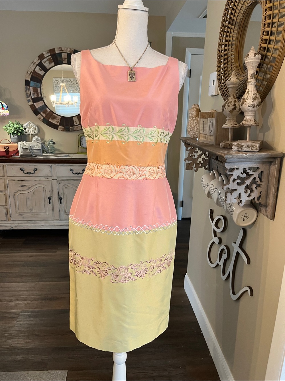 Maggy London Pink and Yellow Sleeveless Embroidered Silk Midi Dress